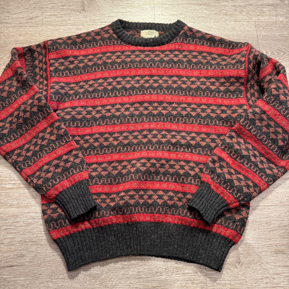 Vintage Christopher Hayes Sweater Mens M Red Charcoal 100% Wool Nordic Fair Isle